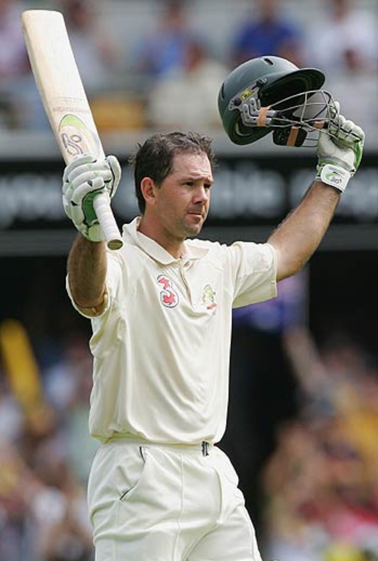 Ricky Ponting acknowledges the crowd after reaching his century, Australia v West Indies, 1st Test, Brisbane, 1st day, November 3, 2005