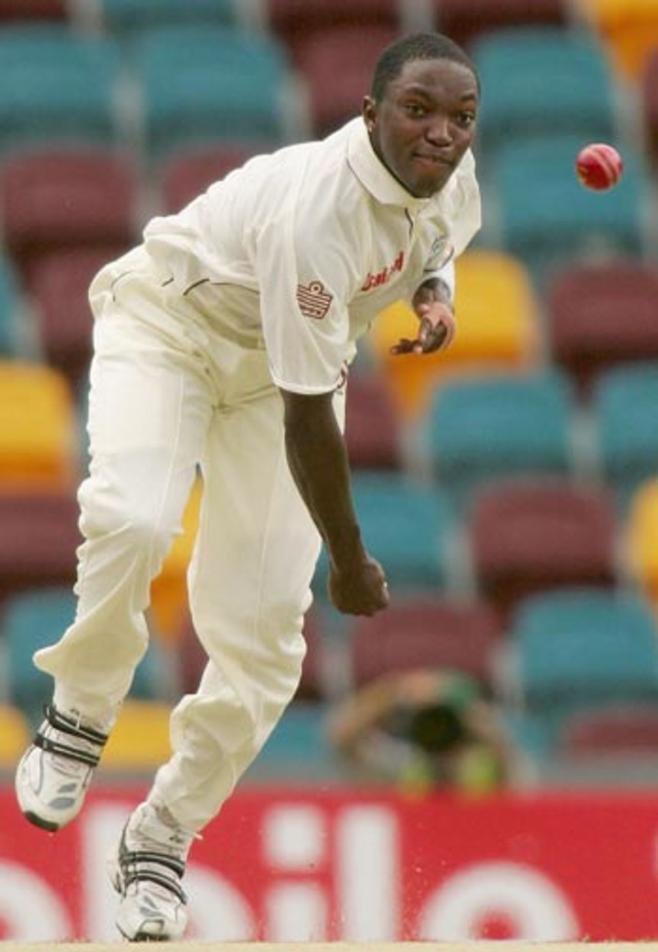 Fidel Edwards lets one fly, Australia v West Indies, 1st Test, Brisbane, 2nd day, November 4, 2005