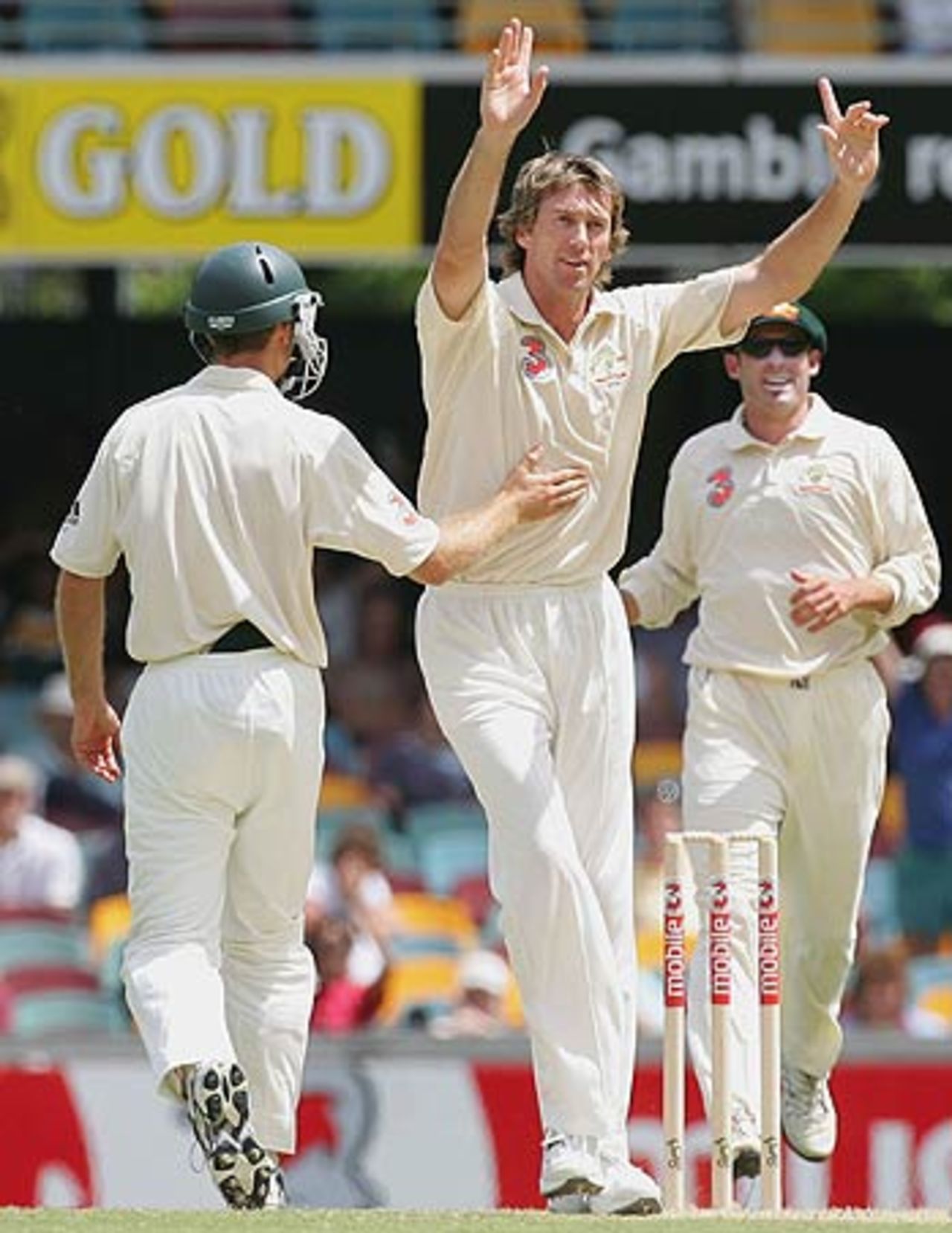 Glenn McGrath celebrates the wicket of Chris Gayle, 1st Test, Brisbane, 2nd day, November 4, 2005