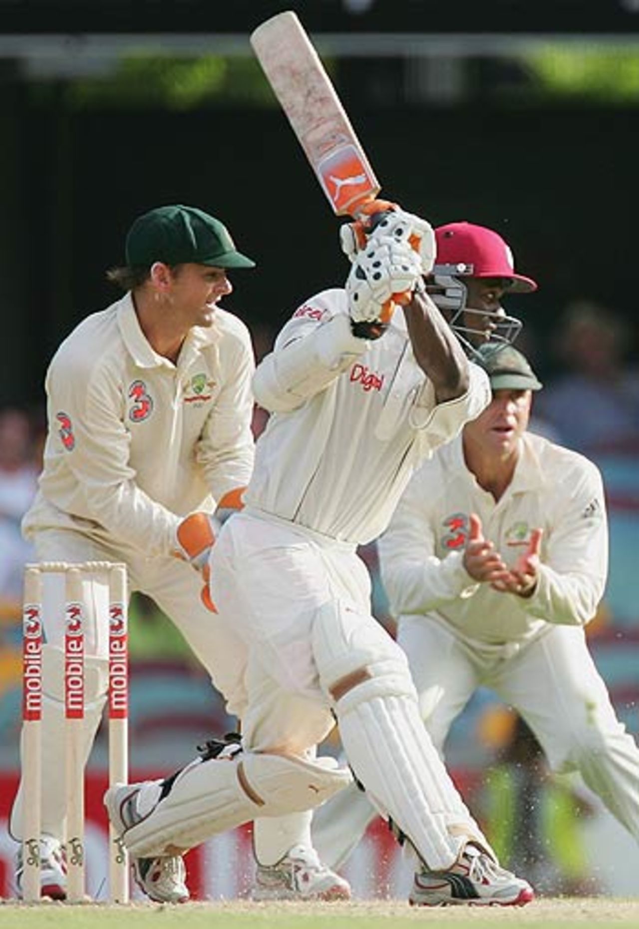 Devon Smith drives Shane Warne to the cover fence, 1st Test, Brisbane, 2nd day, November 4, 2005