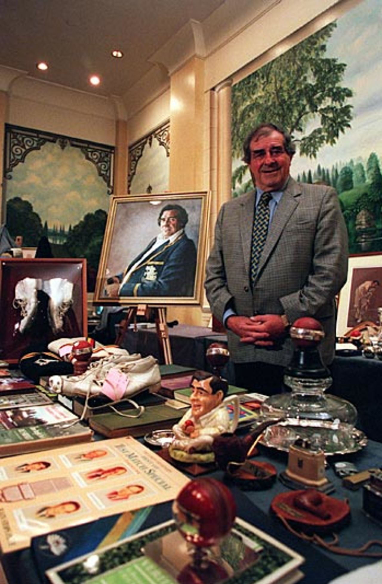 Fred Trueman stands with his memorabilia collection prior to The Fiery Fred Collection Auction being held at the Grovesnor Hotel, London, February 6, 2001