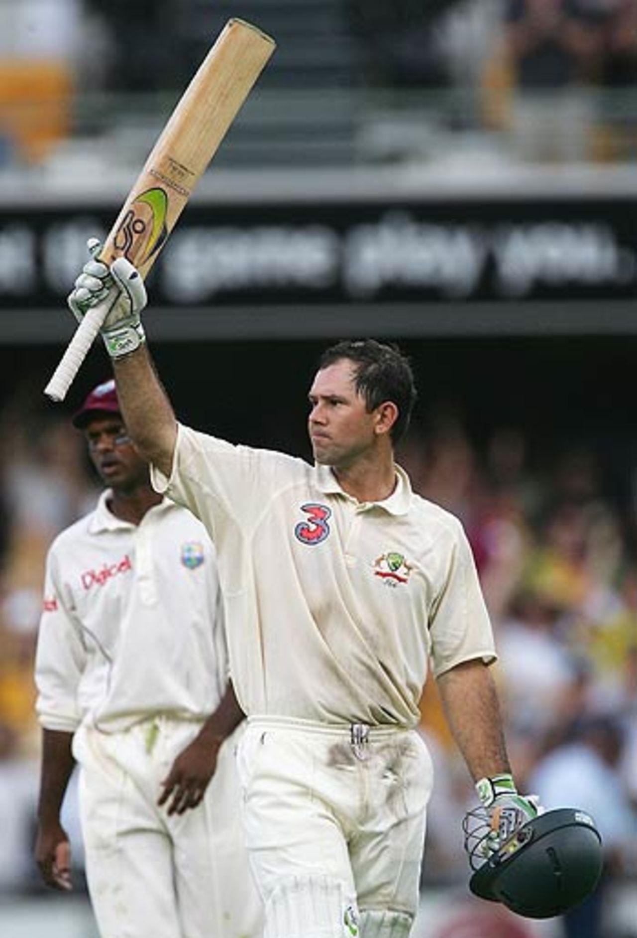 Ricky Ponting celebrates his second century of the game, 1st Test, Brisbane, 3rd day, November 5, 2005