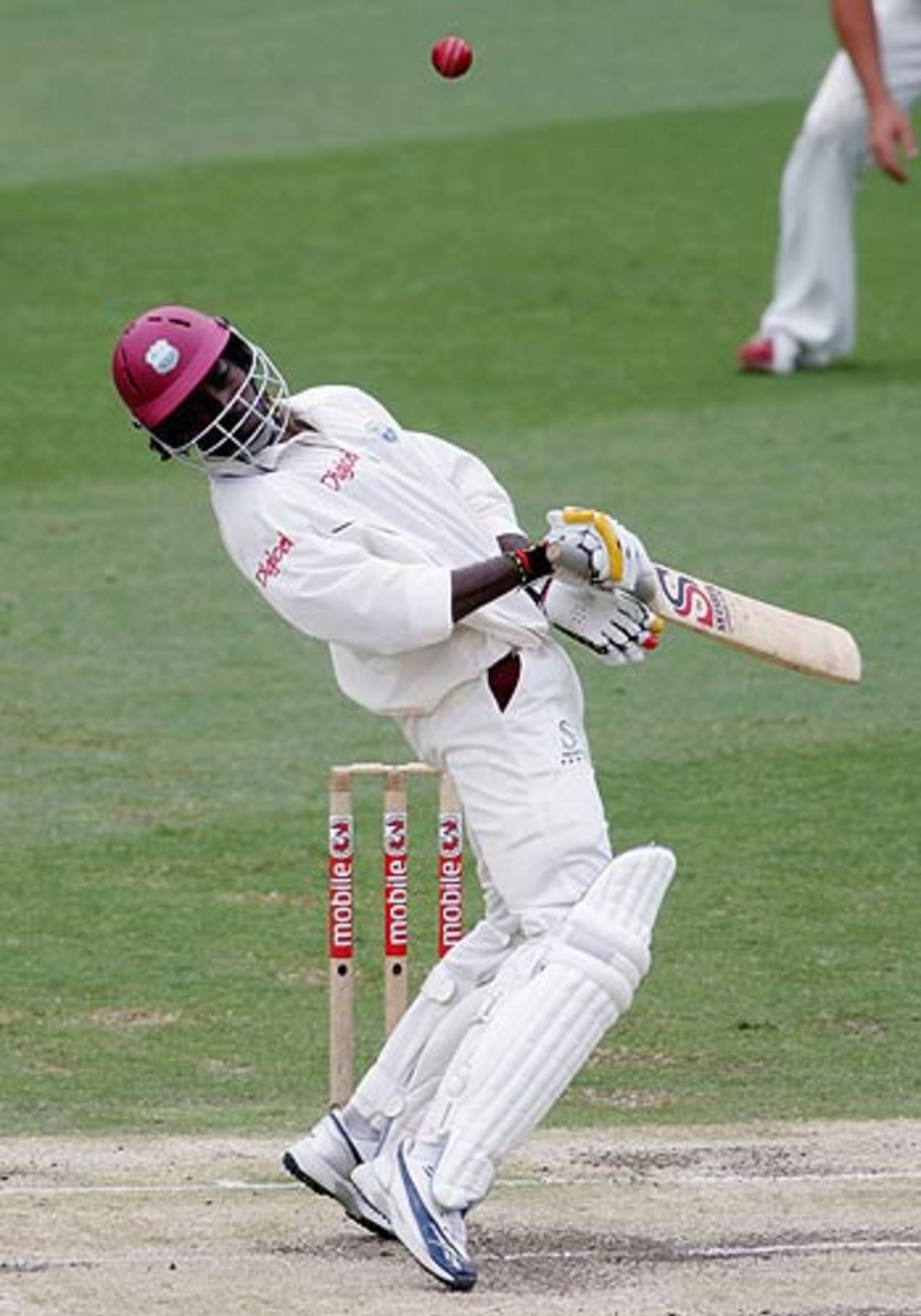 Chris Gayle swerves out of the way, 1st Test, Brisbane, 4th day, November 5, 2005