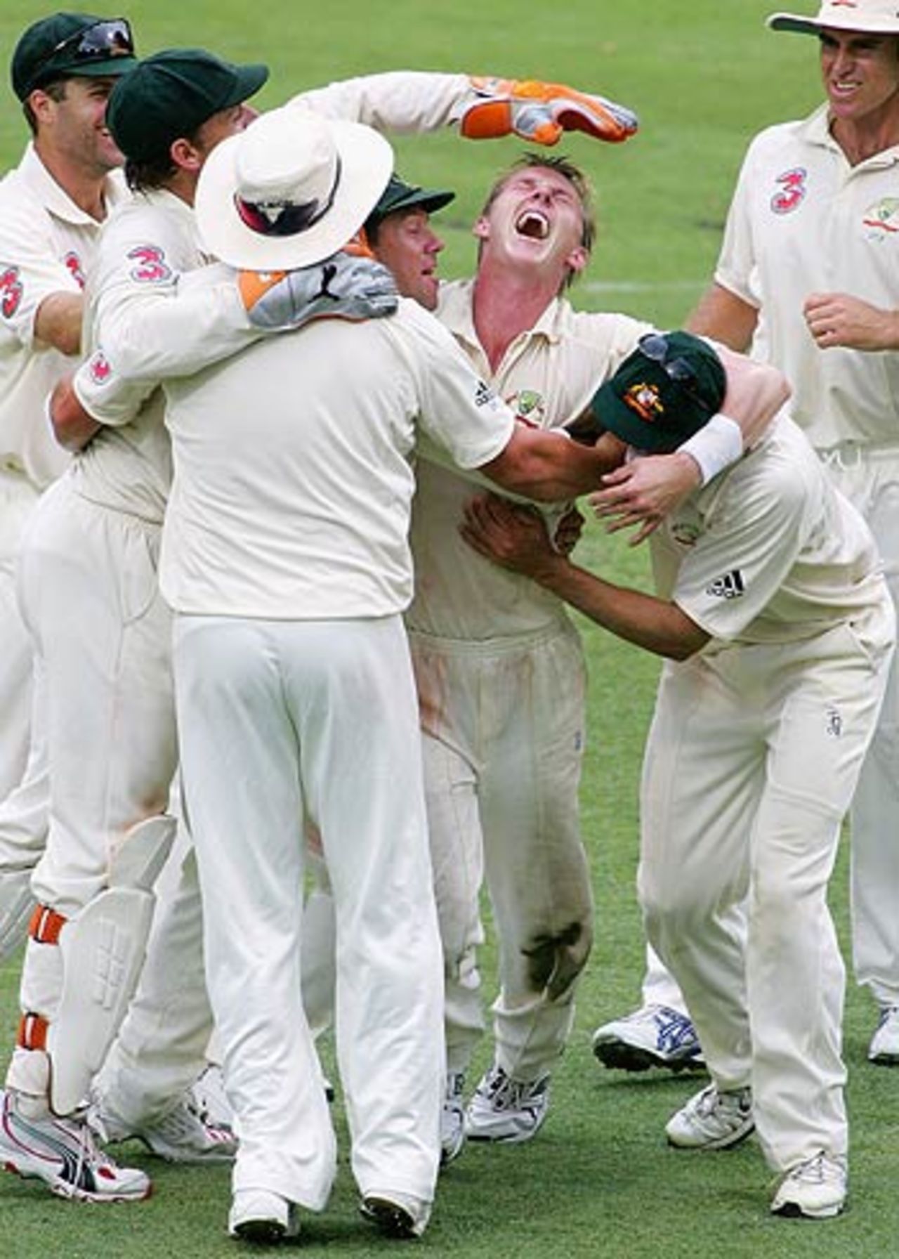 Brett Lee is mobbed after taking the final West indian wicket, 1st Test, Brisbane, 4th day, November 5, 2005