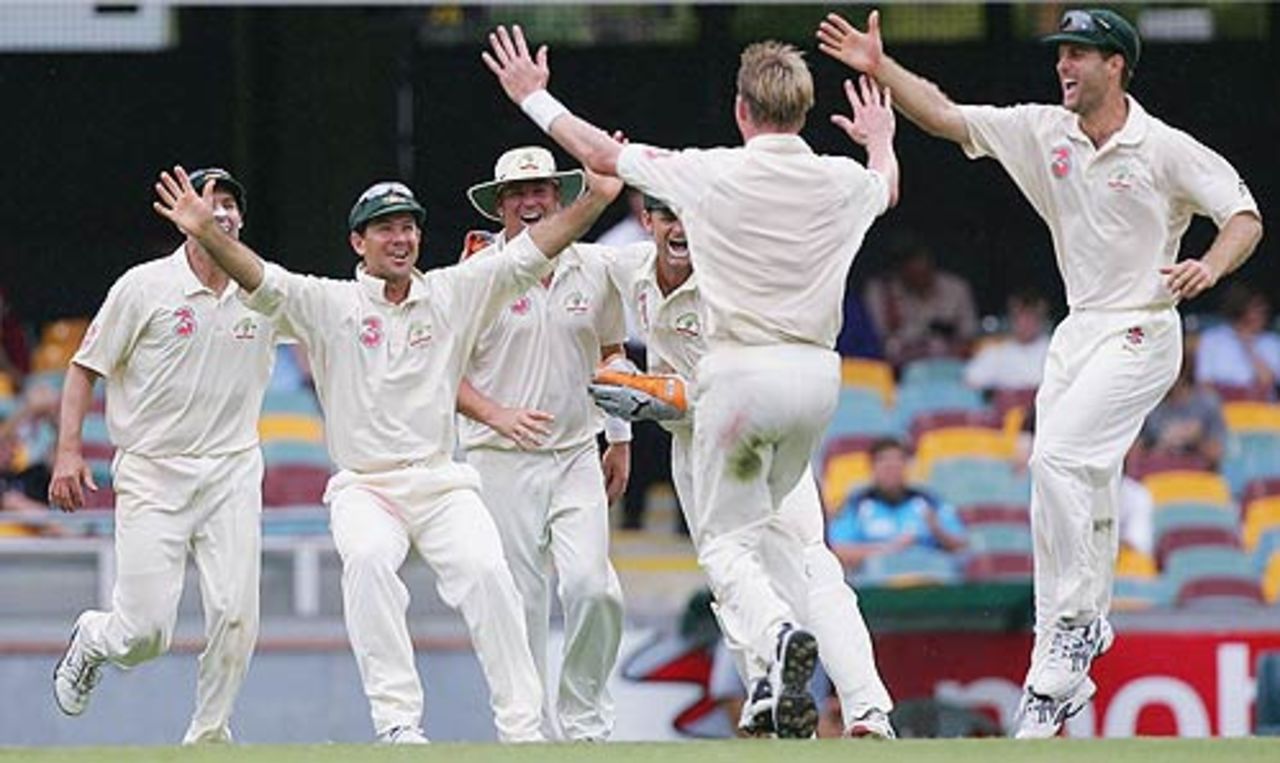 Australia celebrate their victory in the first Test, 1st Test, Brisbane, 4th day, November 5, 2005