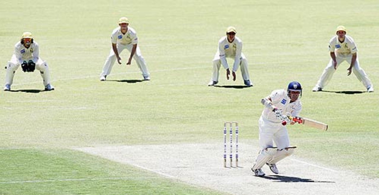 Phil Jaques bats as the Western Australian slip cordon looks on, Western Australia v New South Wales, Pura Cup, Perth, November 6-9, 2005