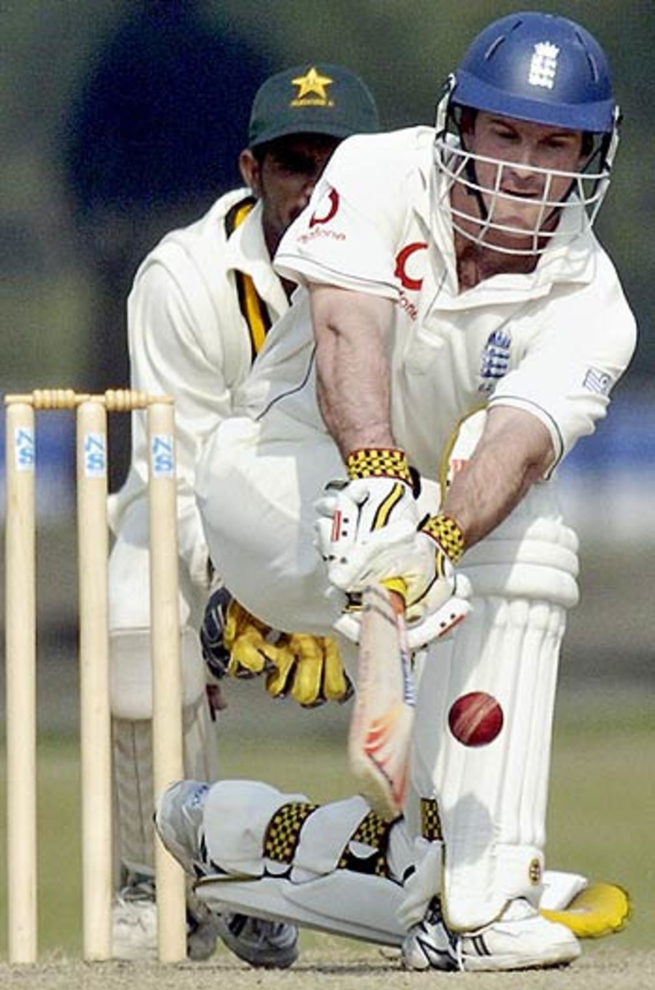 Andrew Strauss tries to sweep one during his innings of 56, Pakistan A v England XI, Tour Match, Lahore, November 7, 2005