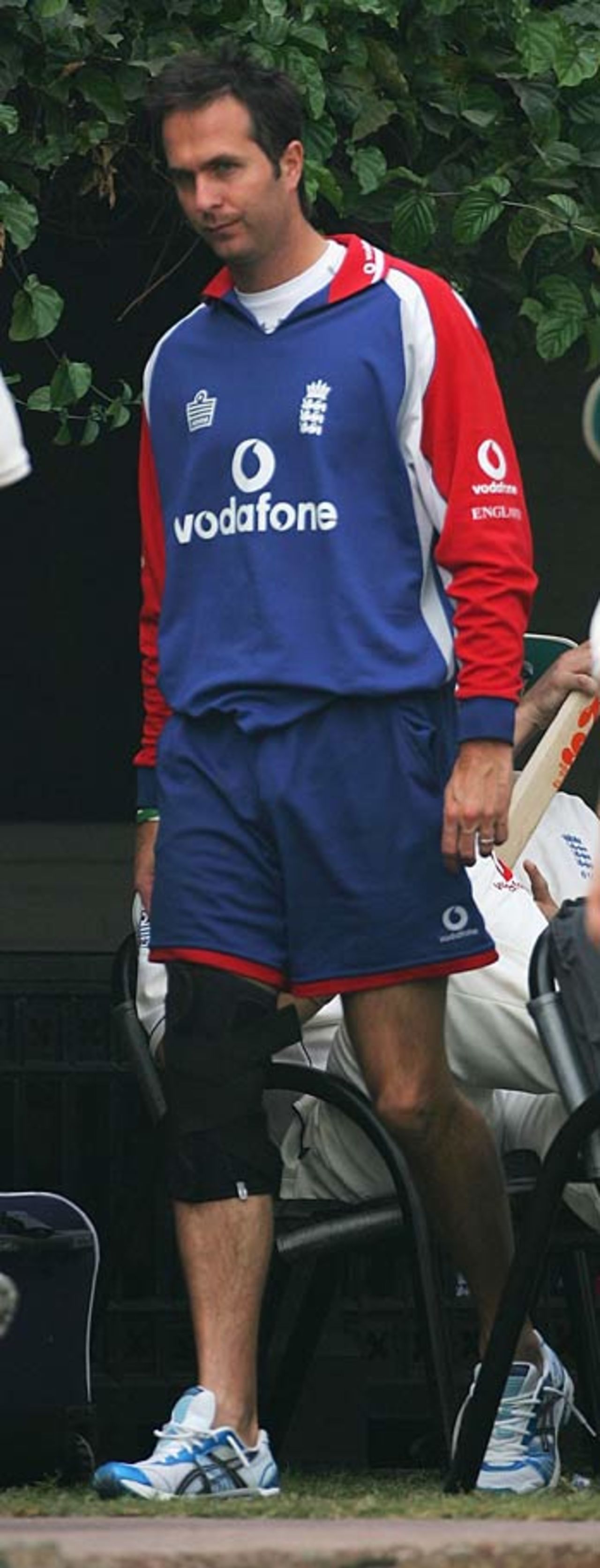 A rueful Michael Vaughan with a heavily-strapped knee, Pakistan A v England XI, Tour Match, Lahore, November 8, 2005