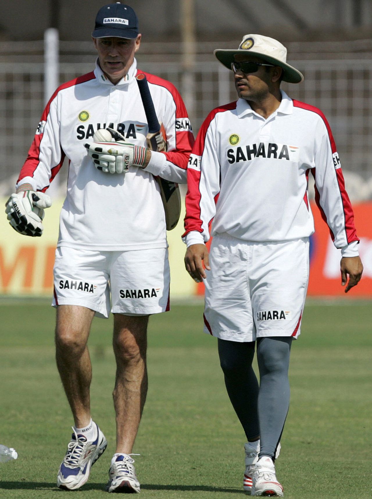 Greg Chappell and Virender Sehwag talk tactics during a practice session on the eve of the 6th ODI against Sri Lanka,  Madhavrao Scindia Cricket Ground, Rajkot, November 8, 2005