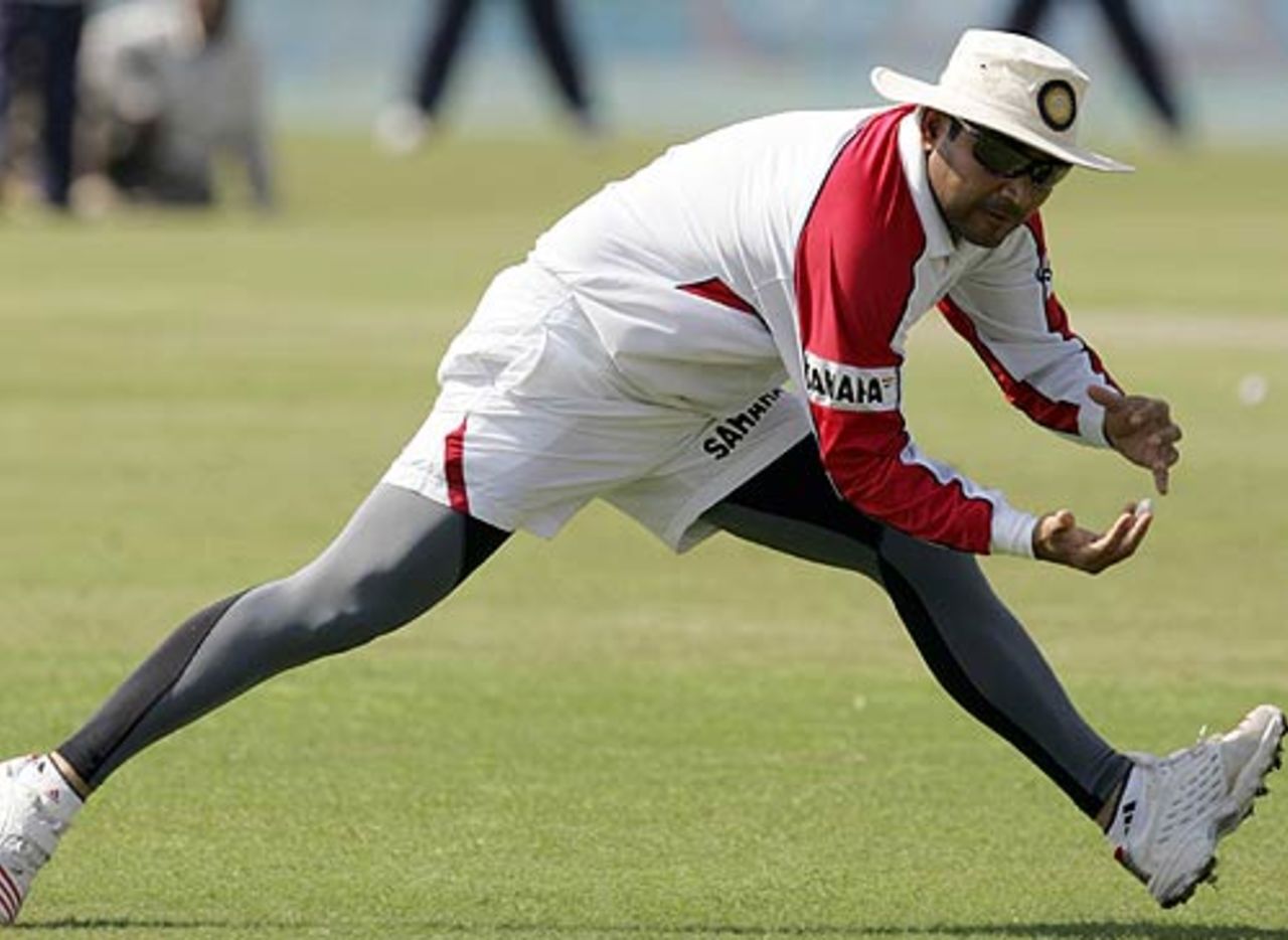 Virender Sehwag goes through the fielding drills during a practice session, Madhavrao Scindia Cricket Ground, Rajkot, November 8, 2005