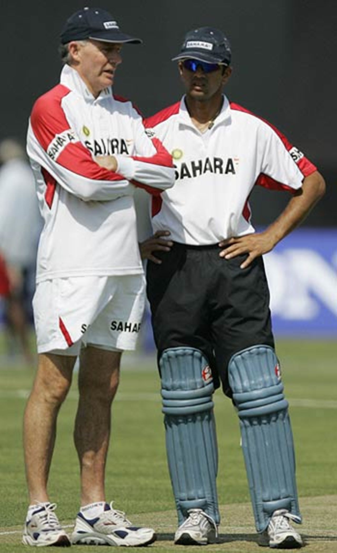 Greg Chappell and Rahul Dravid during a practice session on the eve of the 6th ODI against Sri Lanka,  Madhavrao Scindia Cricket Ground, Rajkot, November 8, 2005