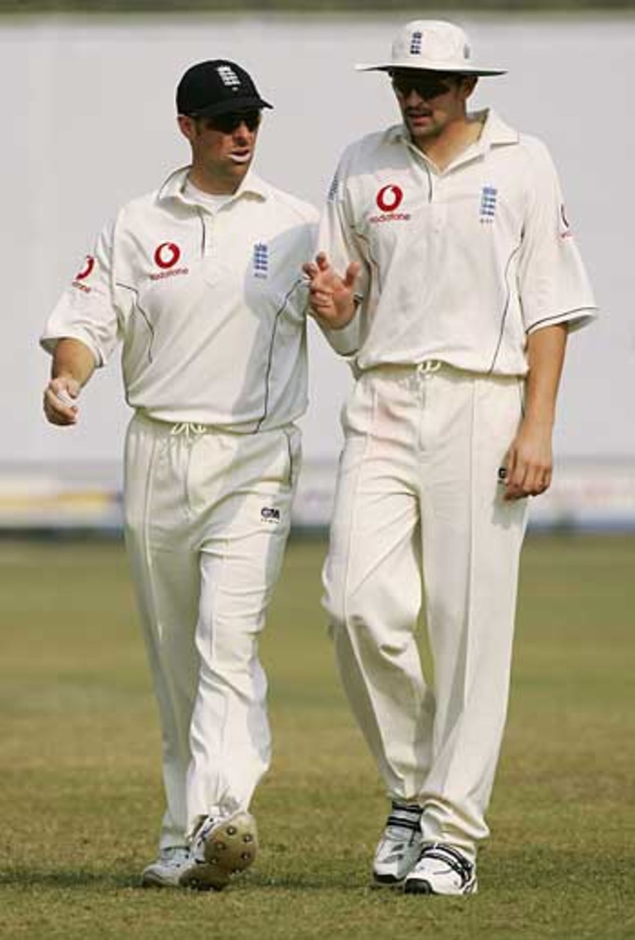 Marcus Trescothick and Steve Harmison discuss tactics. Trescothick will lead England if Michael Vaughan is unfit for the first Test, Pakistan A v England XI, Tour Match, Lahore, November 8, 2005