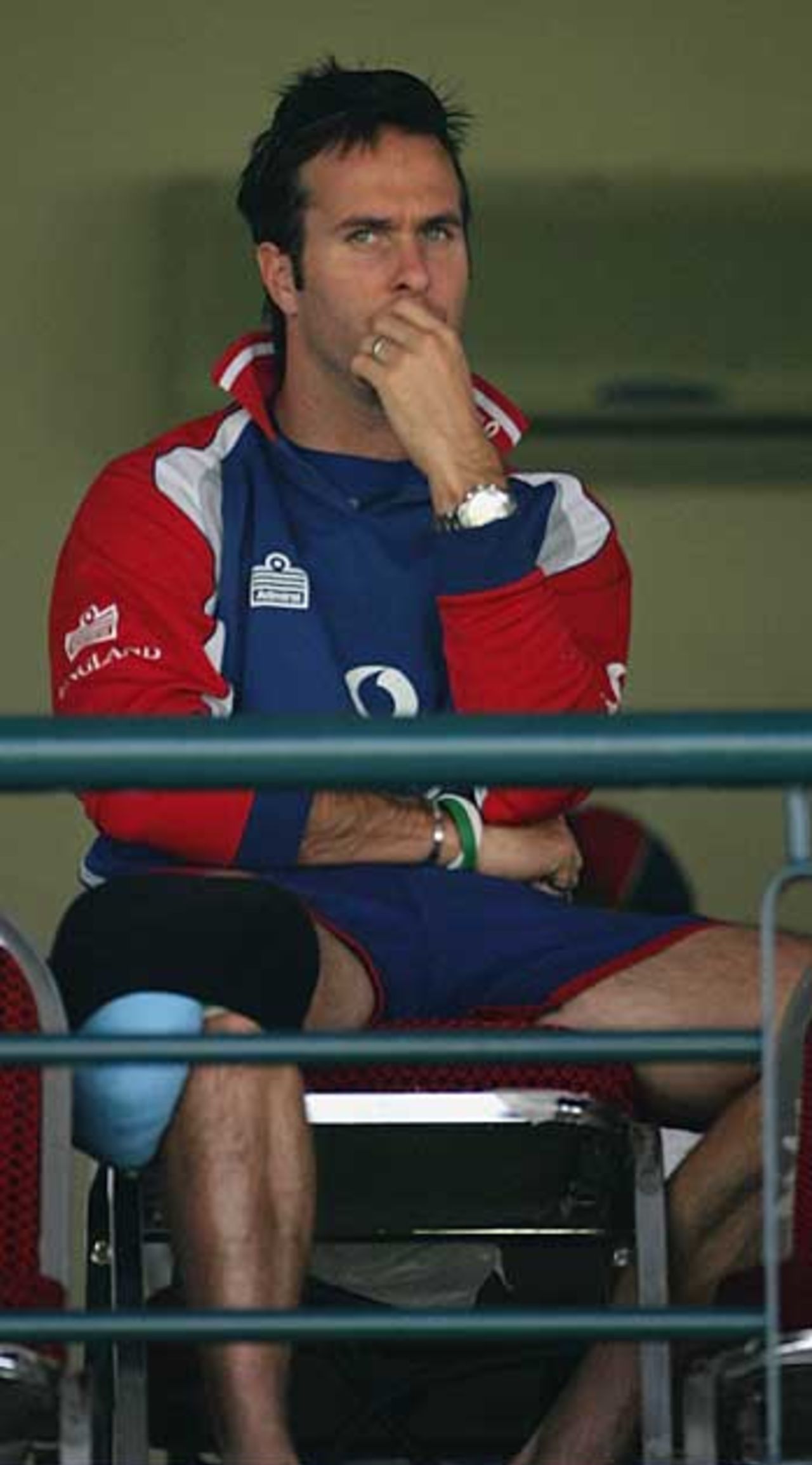 Michael Vaughan ices his knee as England train ahead of the first Test. The captain is a serious doubt for the opening match, Multan, November 10, 2005