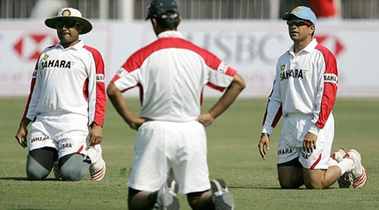 Indian cricketers warm up ahead of the final ODI at Baroda, Baroda, November 11, 2005