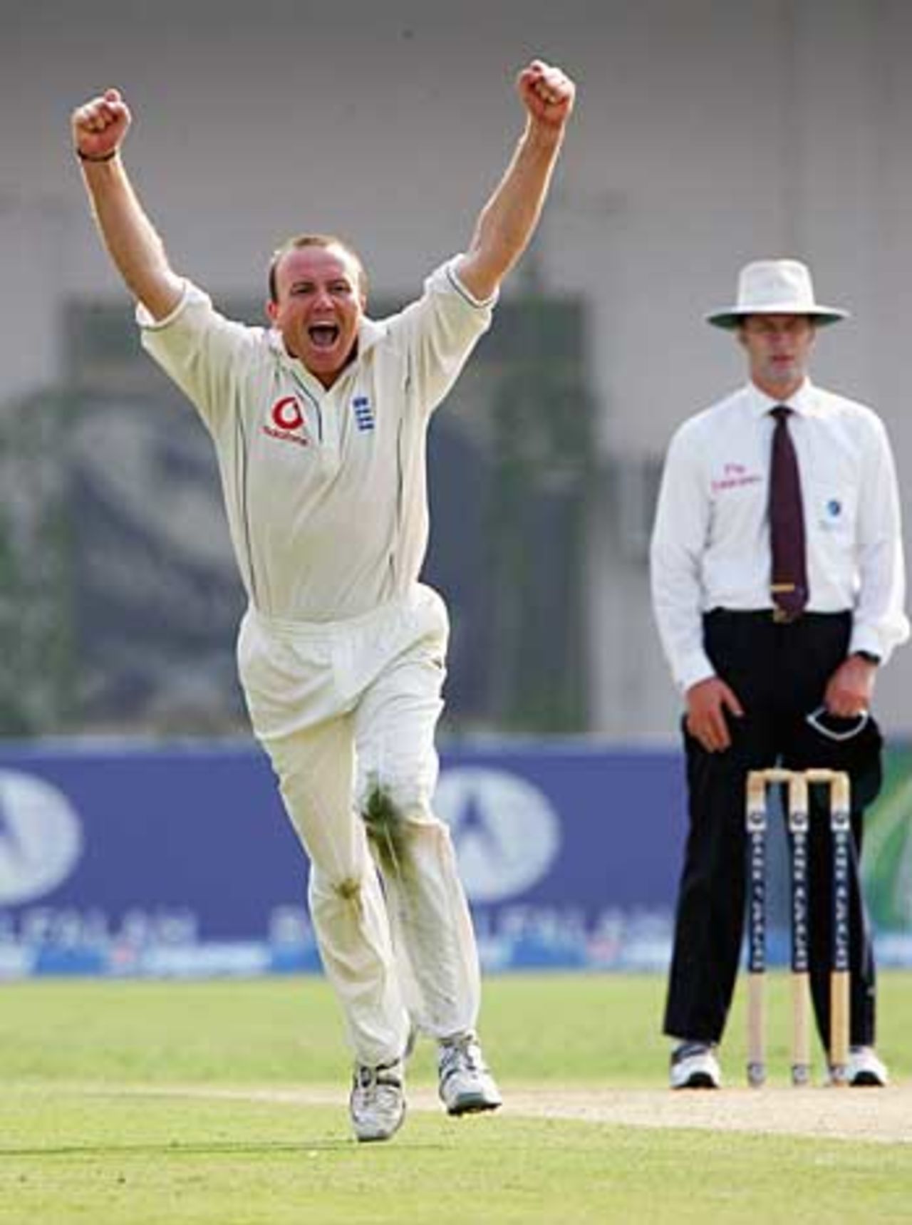 Shaun Udal celebrates his first Test wicket, that of Salman Butt, Pakistan v England, Multan, November 12, 2005