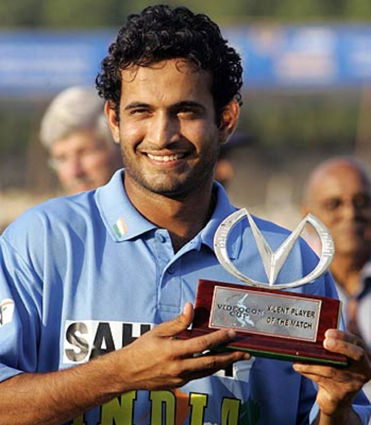 Irfan Pathan proudly displays his Man of the Match award to his home crowd, India v Sri Lanka, 7th ODI, Baroda, November 12, 2005
