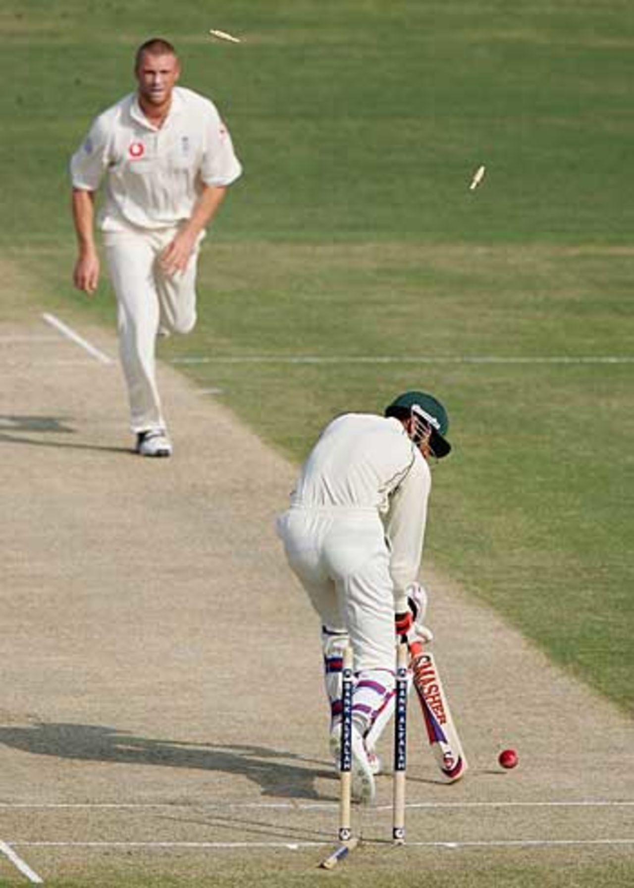 Shabbir Ahmed loses his middle stump to Andrew Flintoff, Pakistan v England, 1st Test, Multan, November 13, 2005