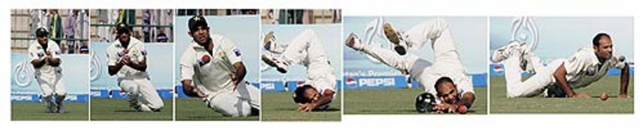 Rana Naved-ul-Hasan drops Marcus Trescothick, Pakistan v England, 1st Test, Multan, November 14, 2005, 
