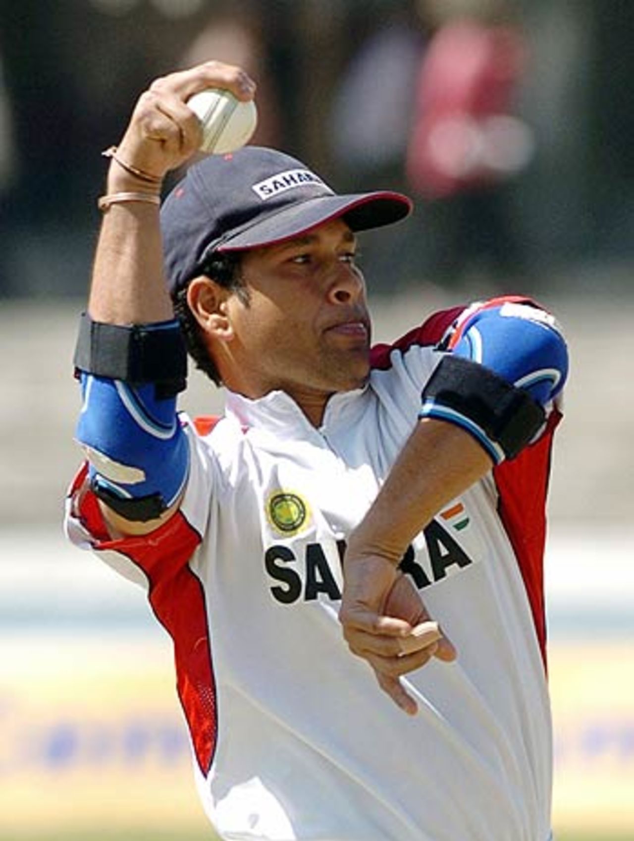 Sachin Tendulkar turns his arm over during a practice session ahead of the 1st ODI against South Africa, Rajiv Gandhi International Stadium, Uppal, Hyderabad, November 15, 2005