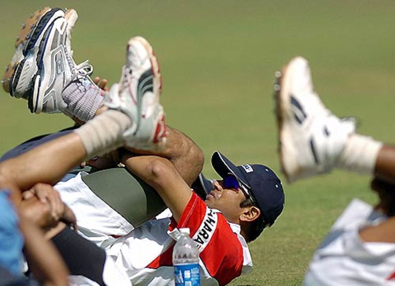 Rahul Dravid streches with his team-mates during a practice session ahead of the 1st ODI against South Africa, Rajiv Gandhi International Stadium, Uppal, Hyderabad, November 15, 2005