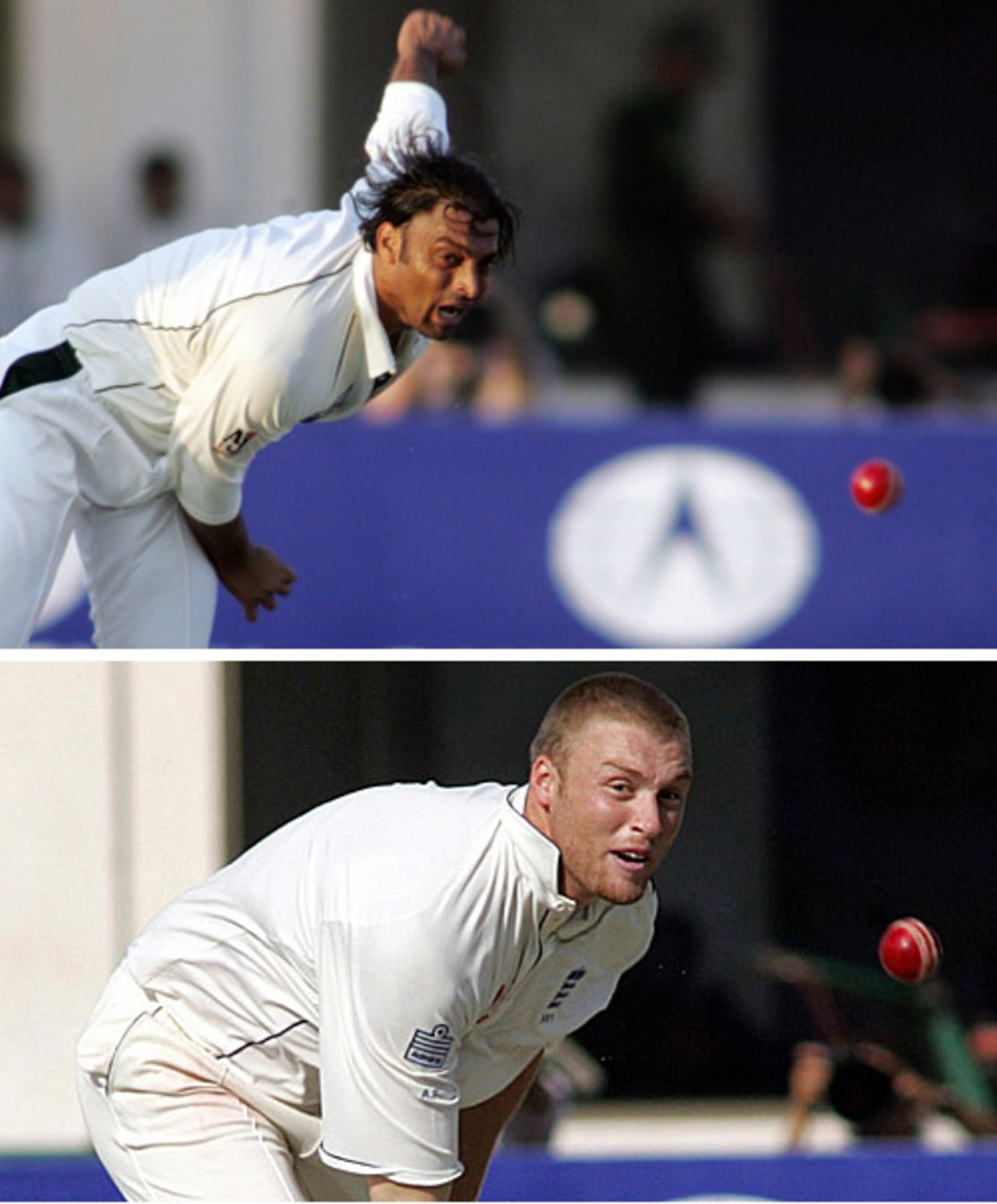 Contrasting bowlers: Andrew Flintoff and Shoaib Akhtar, 1st Test, Multan, November 15, 2005