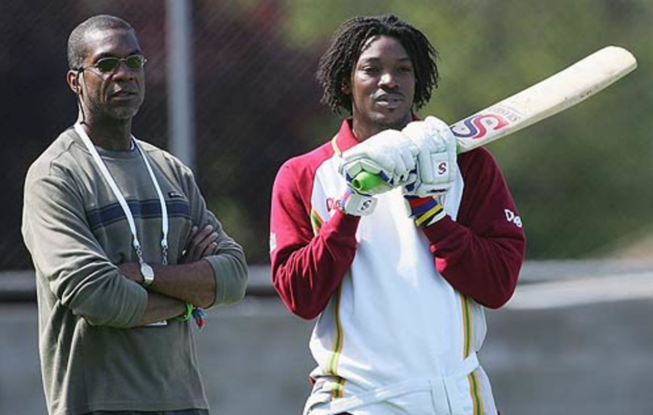 Michael Holding and Chris Gayle look on during a practice session, Bellerive Oval, Hobart, November 16, 2005