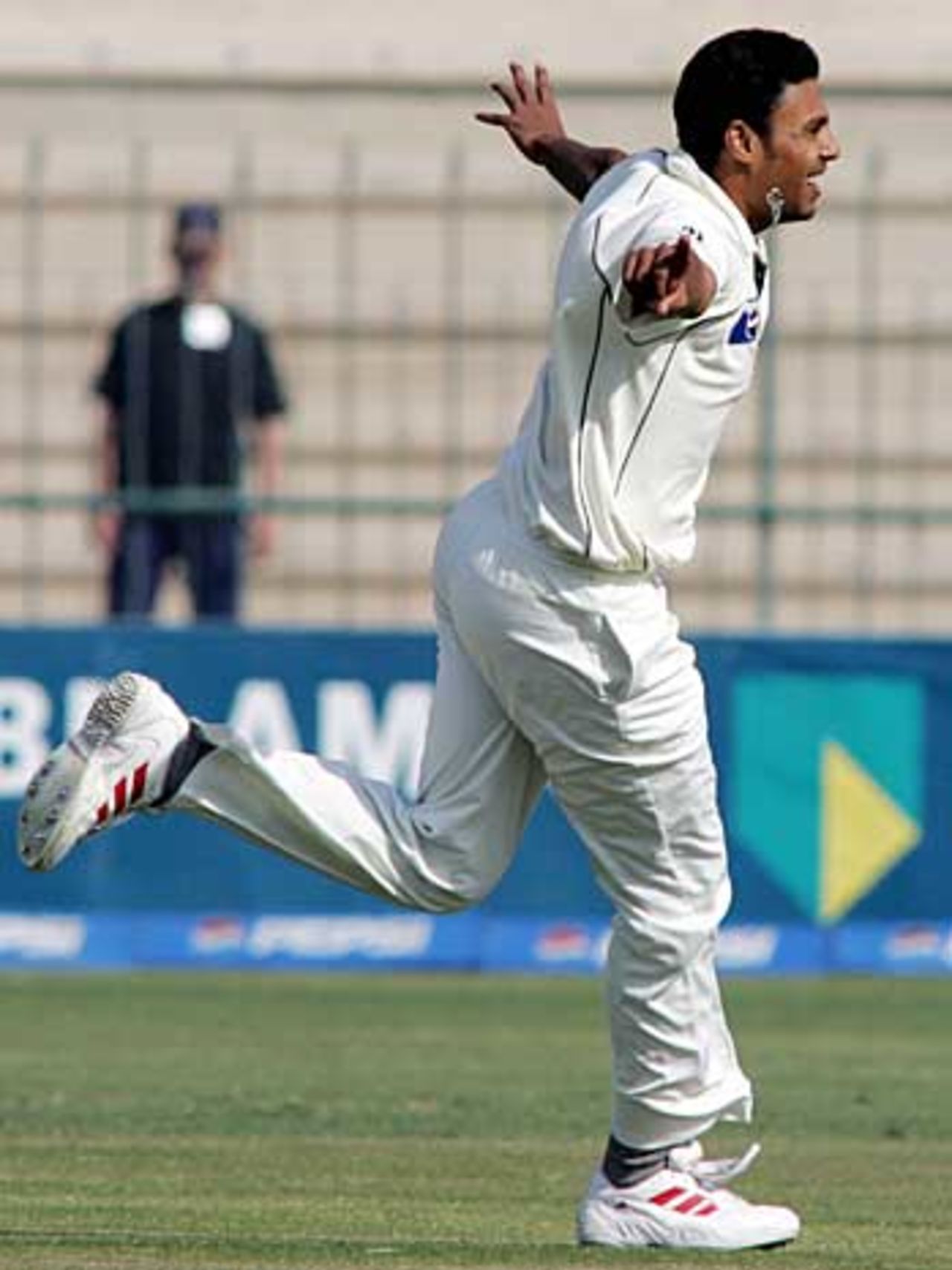 Danish Kaneria celebrates Andrew Strauss's wicket, Pakistan v England, 1st Test, Multan, November 16, 2005