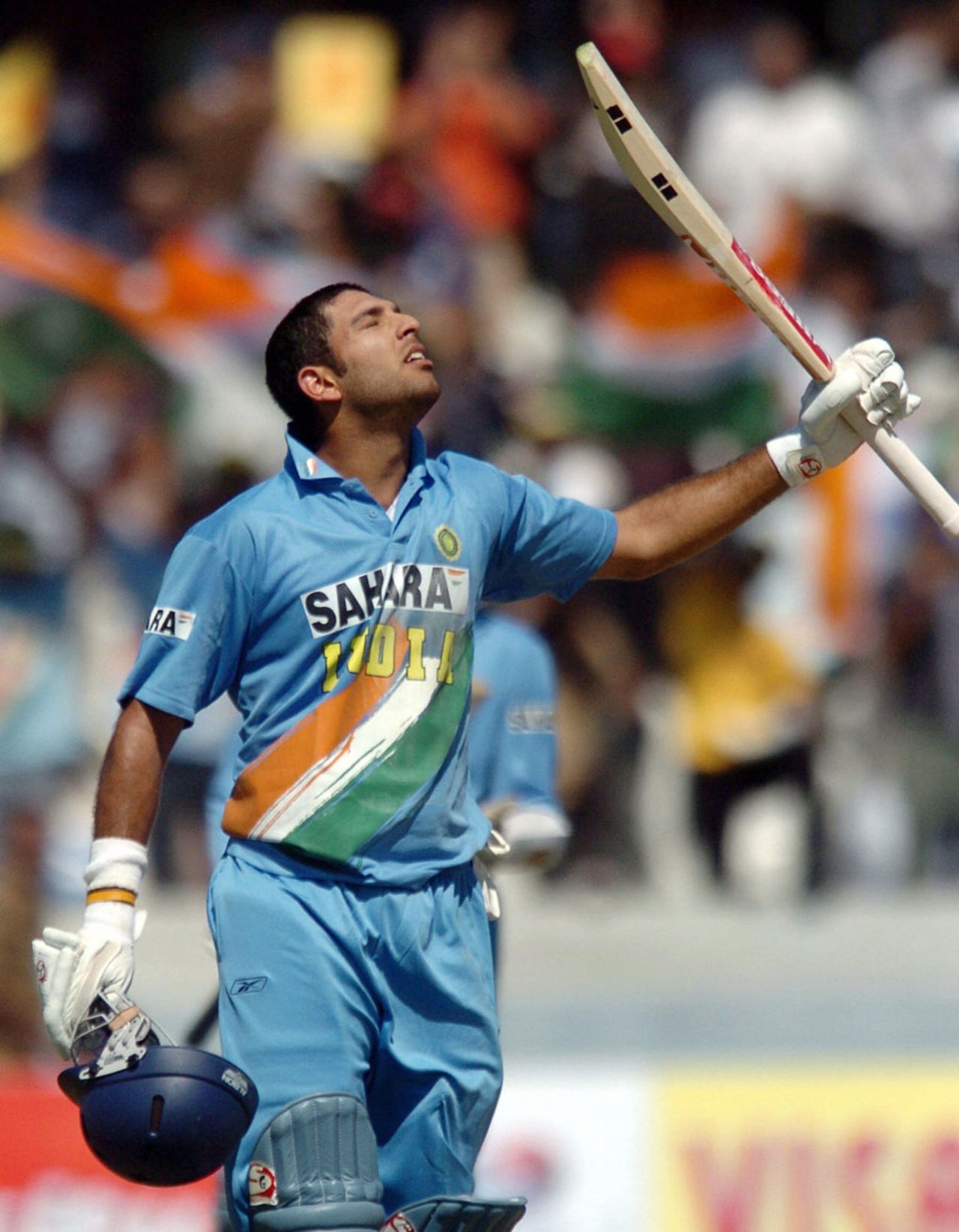 Yuvraj Singh soaks in the moment after reaching his century, India v South Africa, 1st ODI, Hyderabad, November 16, 2005