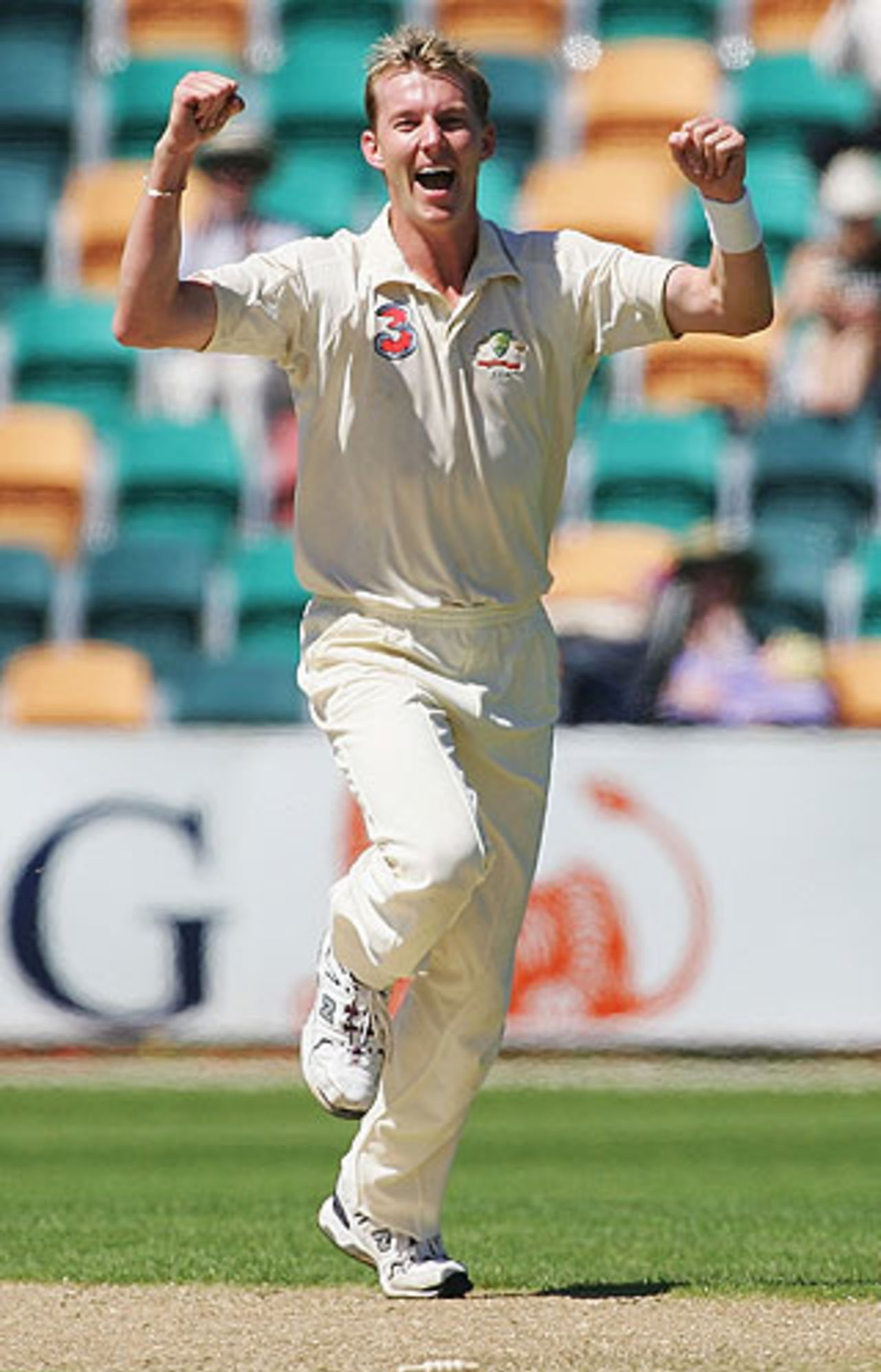 Brett Lee celebrates after getting rid of Devon Smith, Australia v West Indies, 2nd Test, Hobart, 1st day, November 17, 2005.