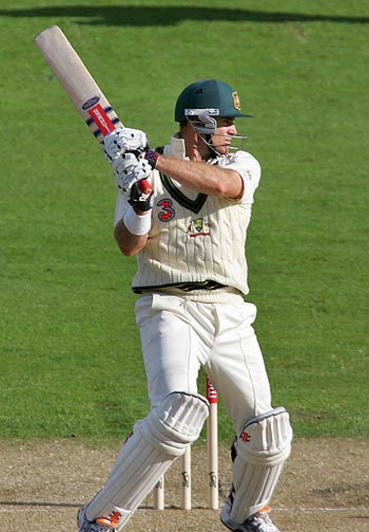 Matthew Hayden flays a delivery as Australia begin their reply, Australia v West Indies, 2nd Test, Hobart, 1st day, November 17, 2005.
