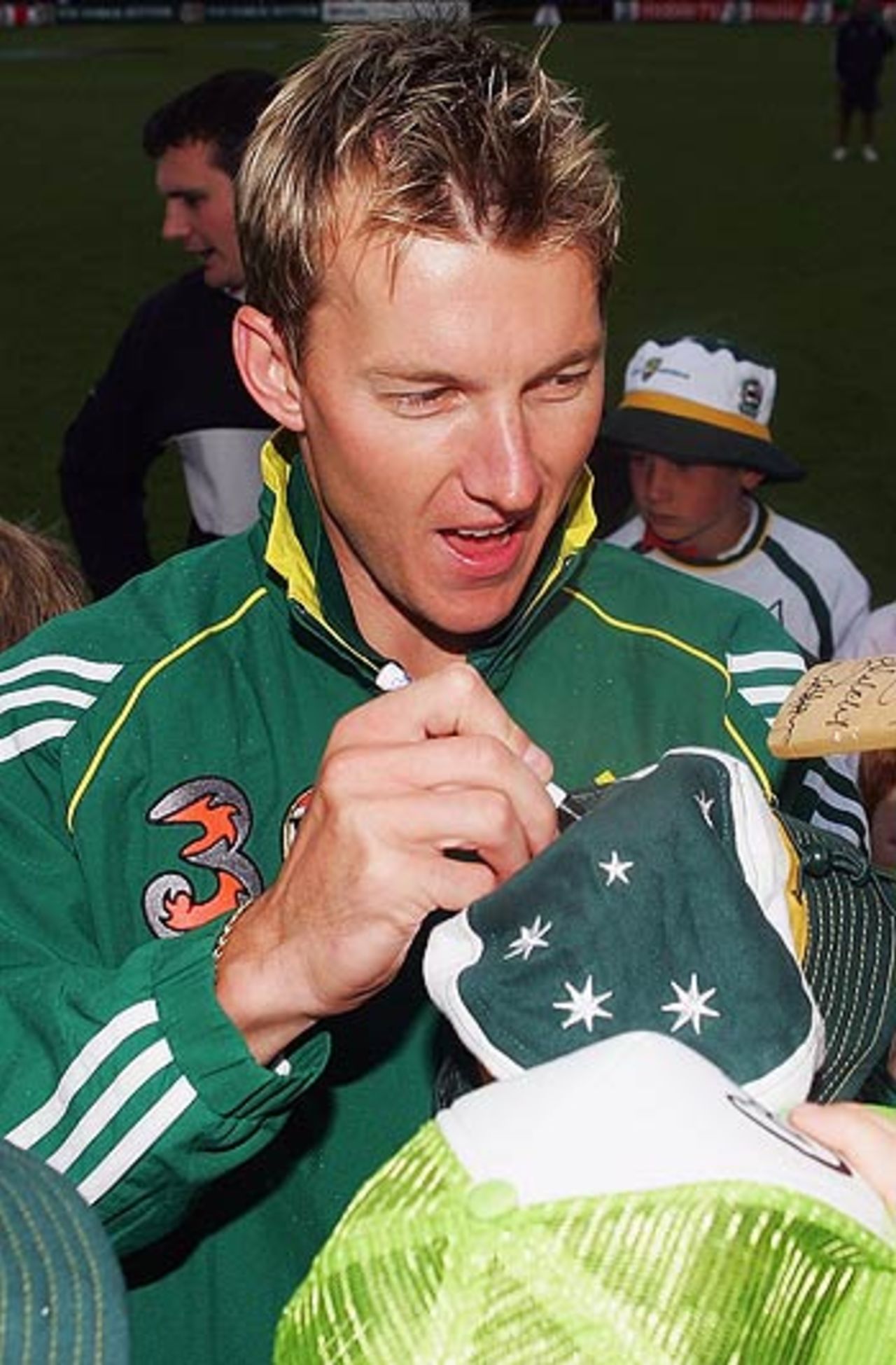 Brett Lee signed autographs as rain delayed start of the second day's play, Australia v West Indies, 2nd Test, Hobart, 2nd day, November 18, 2005
