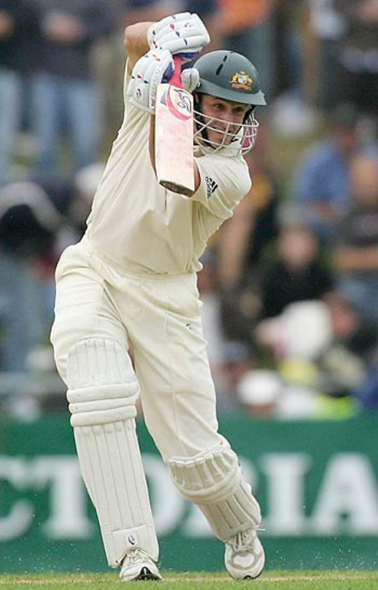 Michael Hussey creams one through the off side on his way to a fine half-century, Australia v West Indies, 2nd Test, Hobart, 2nd day, November 18, 2005