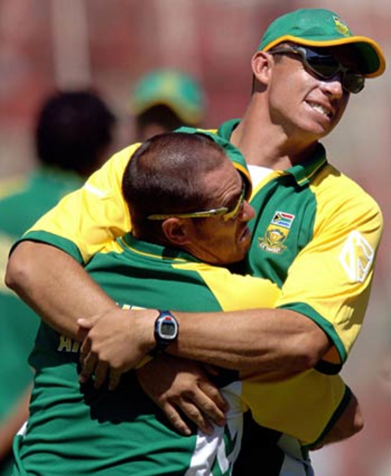 Andre Nel and Andrew Hall enjoy a light moment during a practice session on the eve of the second ODI against India, Bangalore, November 18, 2005