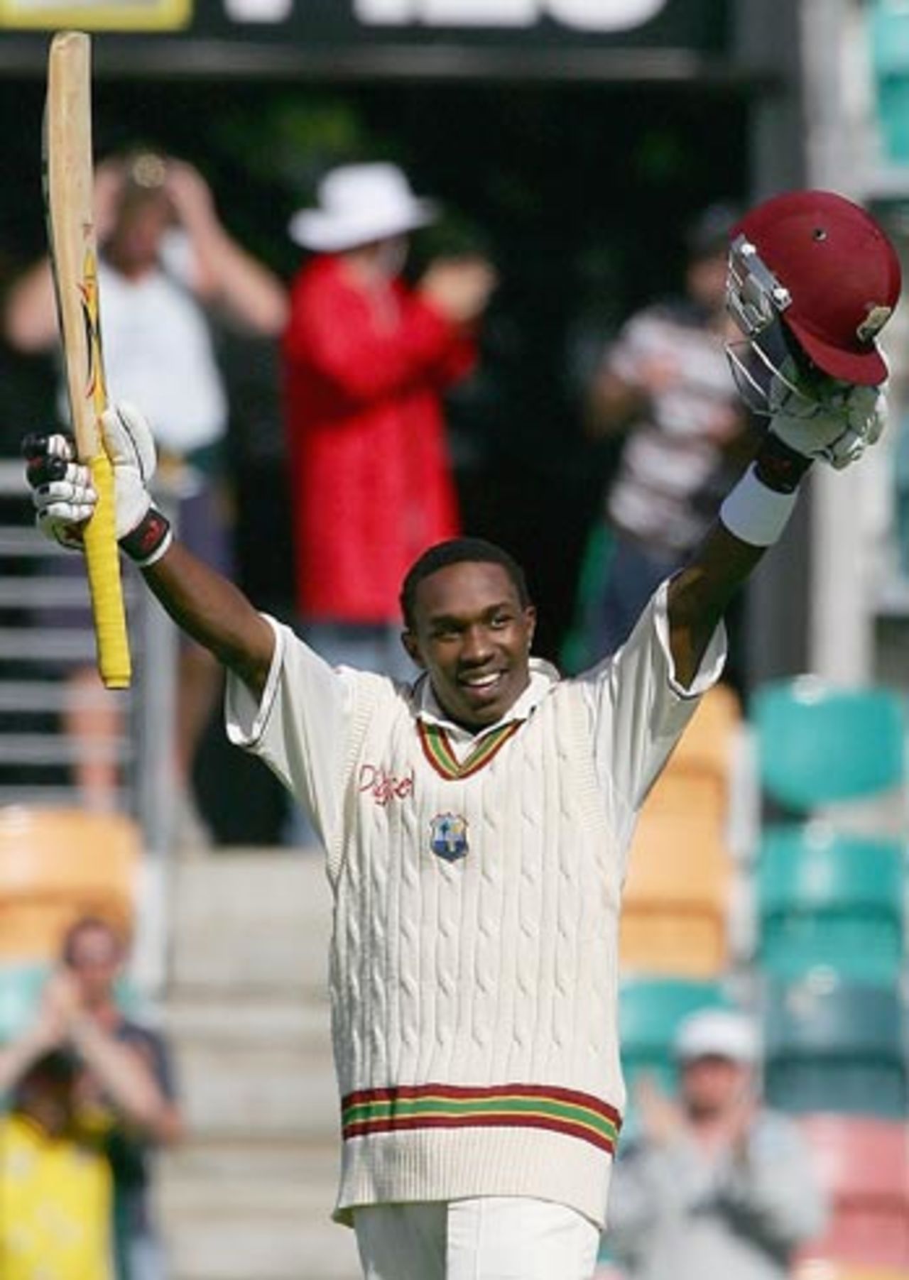 Dwayne Bravo is delighted to reach his century, Australia v West Indies, 2nd Test, Hobart, 4th day, November 20, 2005