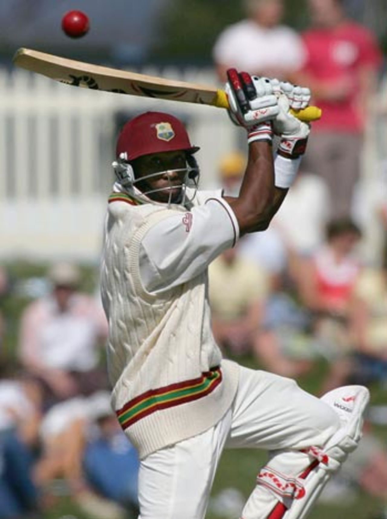 Dwayne Bravo smashes one through the off side en route to his century, Australia v West Indies, 2nd Test, Hobart, 4th day, November 20, 2005