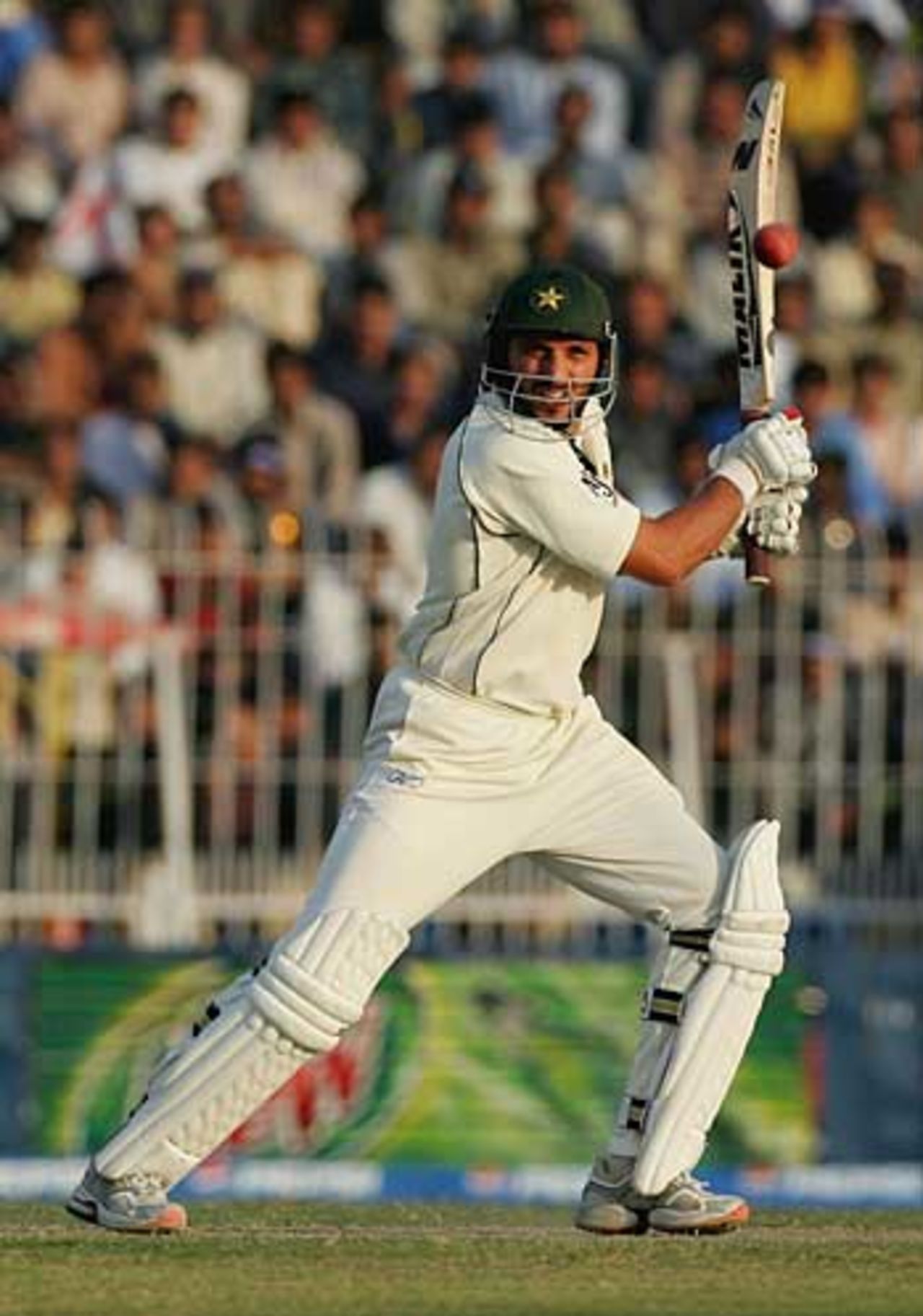 Shahid Afridi lashes another boundary during his thrilling innings which helped give Pakistan control, Pakistan v England, 2nd Test, Faisalabad, November 20, 2005