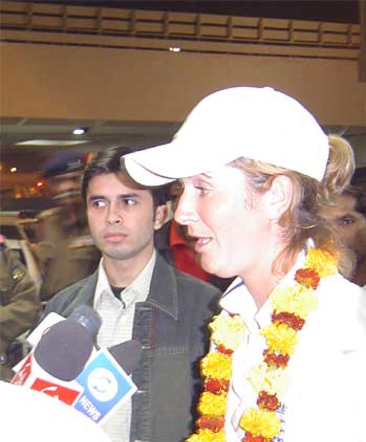 Charlotte Edwards addresses the media as England arrive in India, November 14, 2005