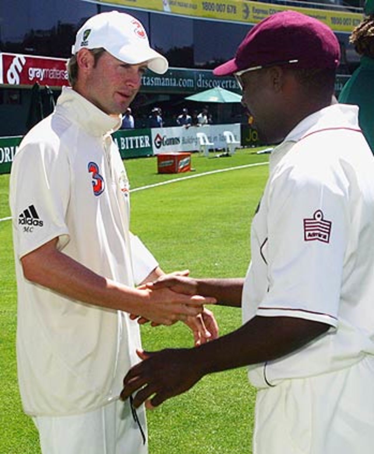 Michael Clarke and Brian Lara exchange a few words at the end of the Test, Australia v West Indies, 2nd Test, Hobart, 5th day, November 21, 2005