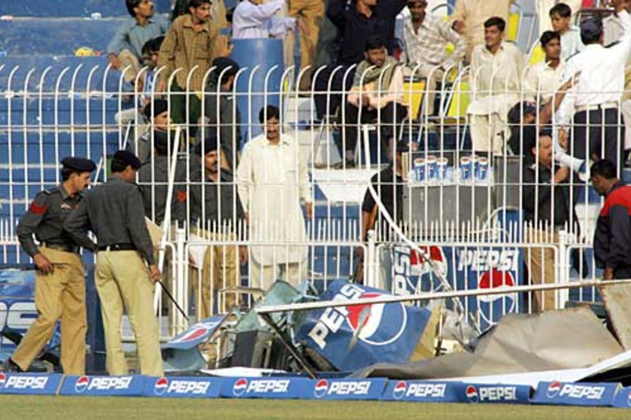 The advertising hoardings in tatters after the gas explosion, Pakistan v England, 2nd Test, Faisalabad, November 21, 2005