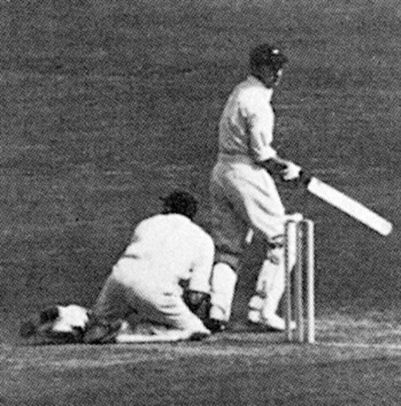 Len Hutton becomes the first man to be given out obstructed the field in a Test as Russell Endean scrambles for the ball, England v South Africa, 5th Test, The Oval, August 1951