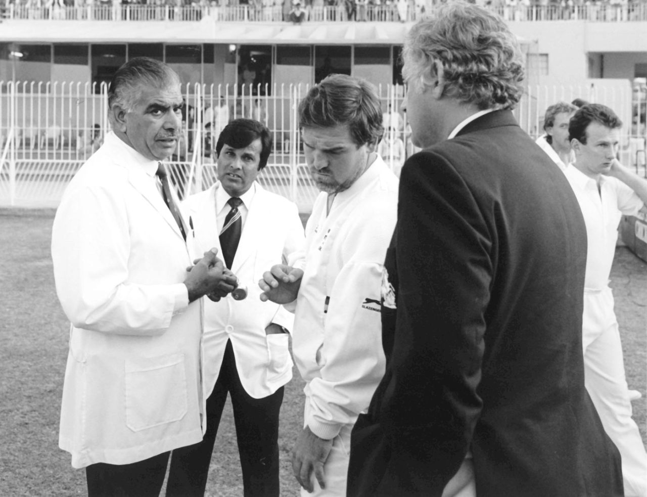 Mike Gatting, Shakoor Rana and Peter Lush, the England manager, after the uneasy truce, Pakistan v England, 2nd Test, Faisalabad, December 10, 1987