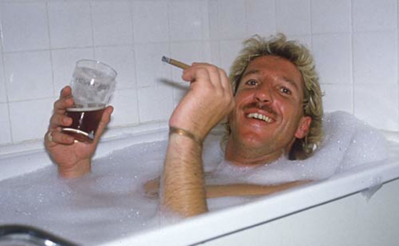 Ian Botham relaxes after completeing his Lands End to John O'Groats walk, 1985