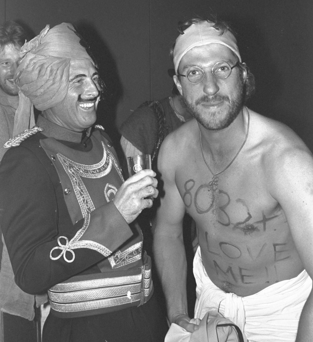 Ian Botham and Geoffrey Boycott at the England Christmas party in India.  Botham came dressed as Boycott, who had just broken the record for Test runs by an England player, December 1981