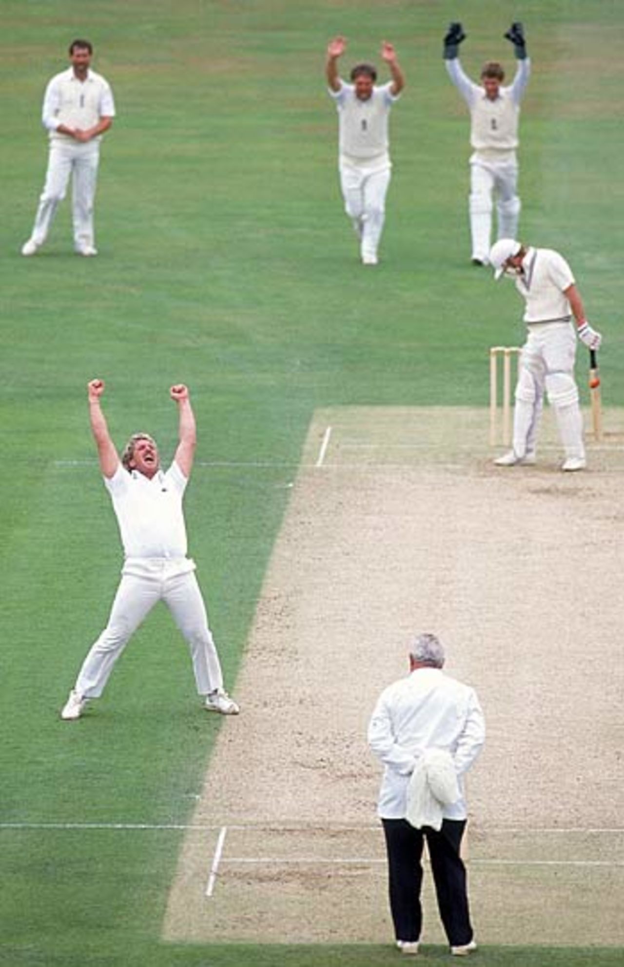 Ian Botham has Jeff Crowe lbw to equal the world record for Test wickets, England v New Zealand, 3rd Test, The Oval, August 21, 1986