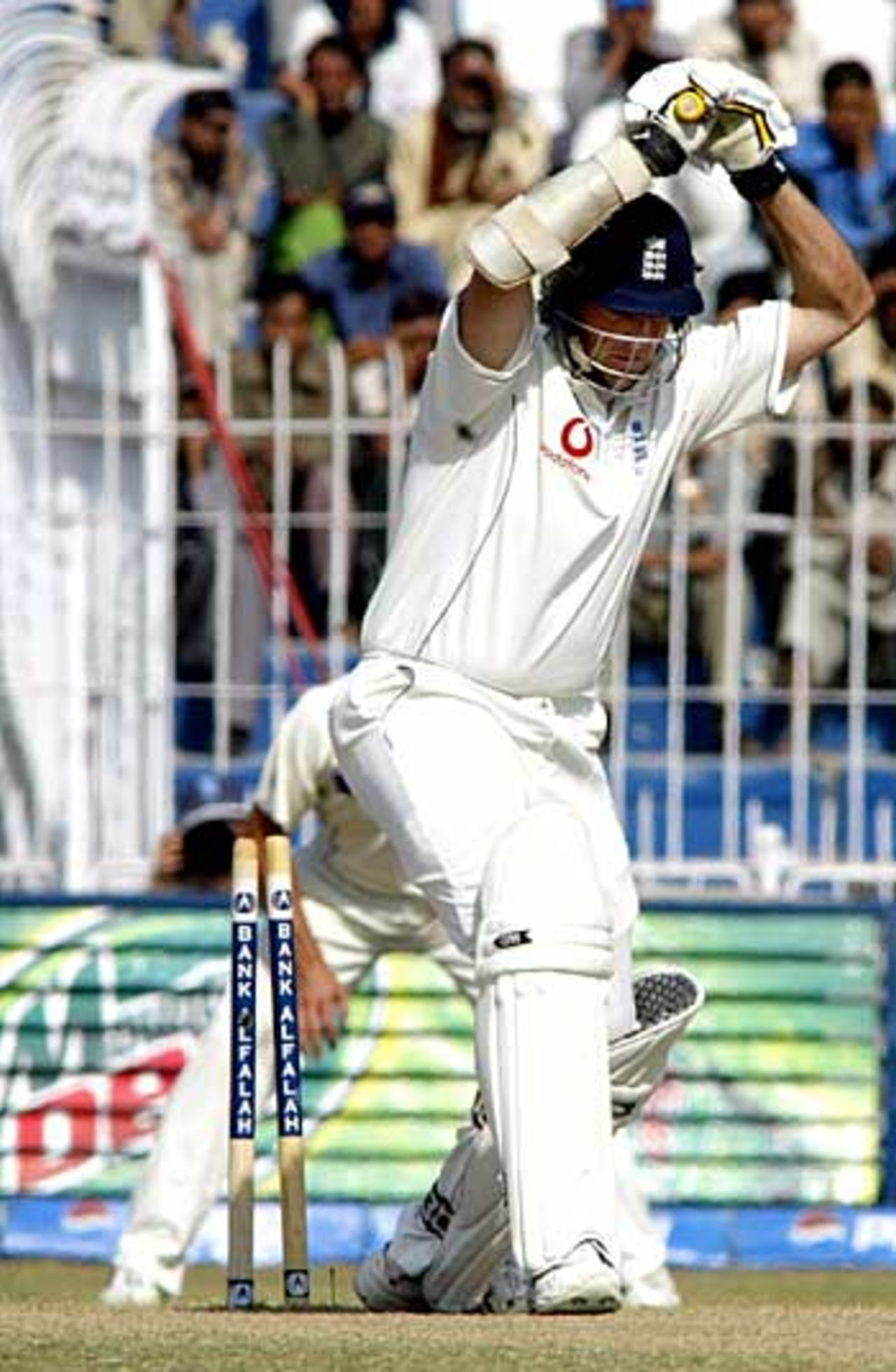 Marcus Trescothick is bowled shouldering arms to Shoaib Akhtar, Pakistan v England, 2nd Test, Faisalabad, November 24, 2005