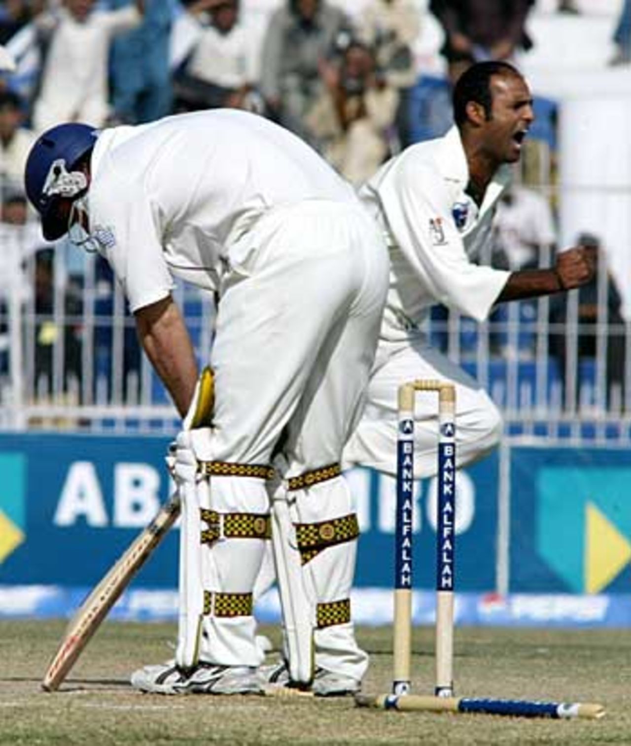Andrew Strauss loses his off stump to Rana Naved-ul-Hasan, Pakistan v England, 2nd Test, Faisalabad, November 24, 2005