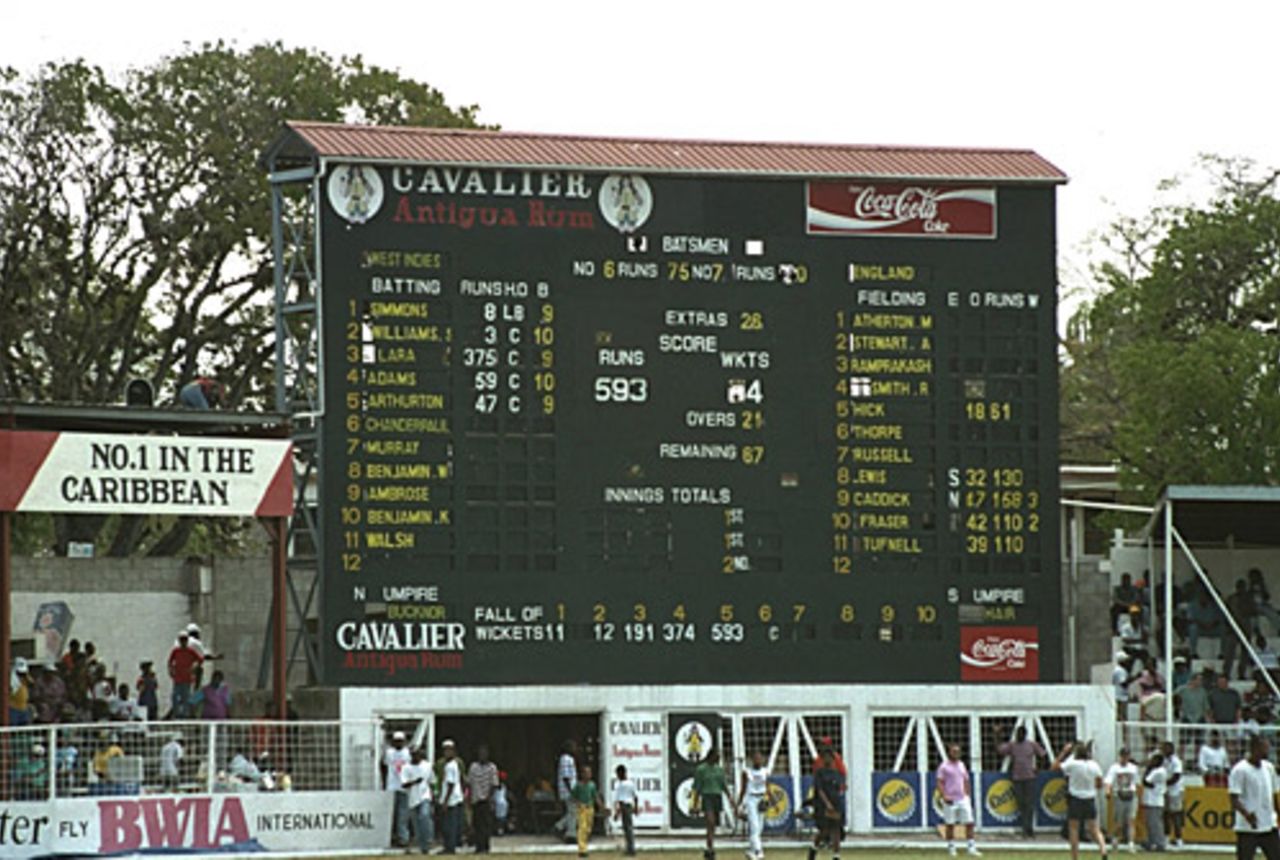 The scoreboard from the match when Brian Lara broke the world record (for the first time) with his 375, West Indies v England, April 18, 1994, St John's, Antigua