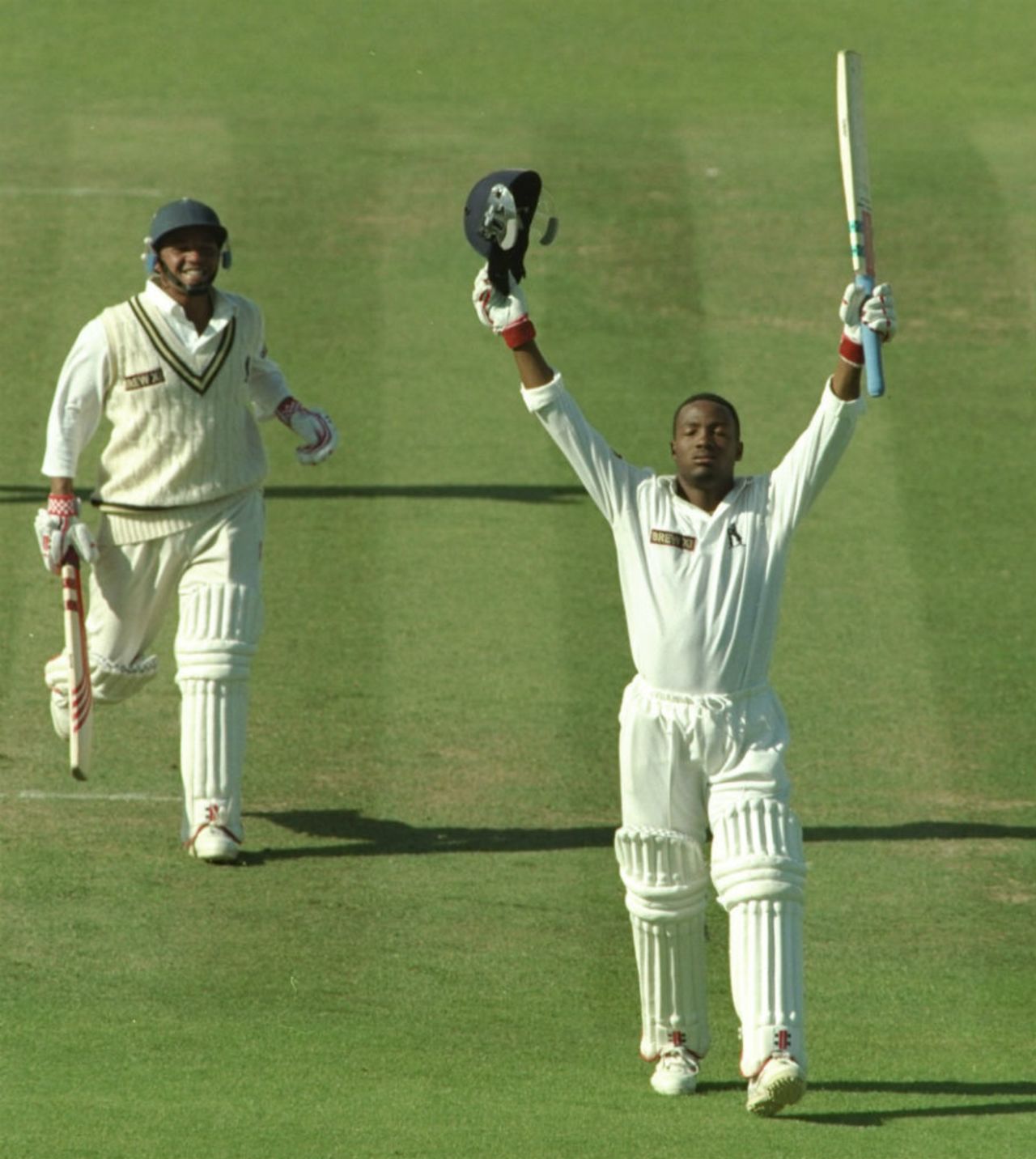 Brian Lara, arms aloft, celebrates his incredible 501, Warwickshire v Durham, Edgbaston, June 6, 1994