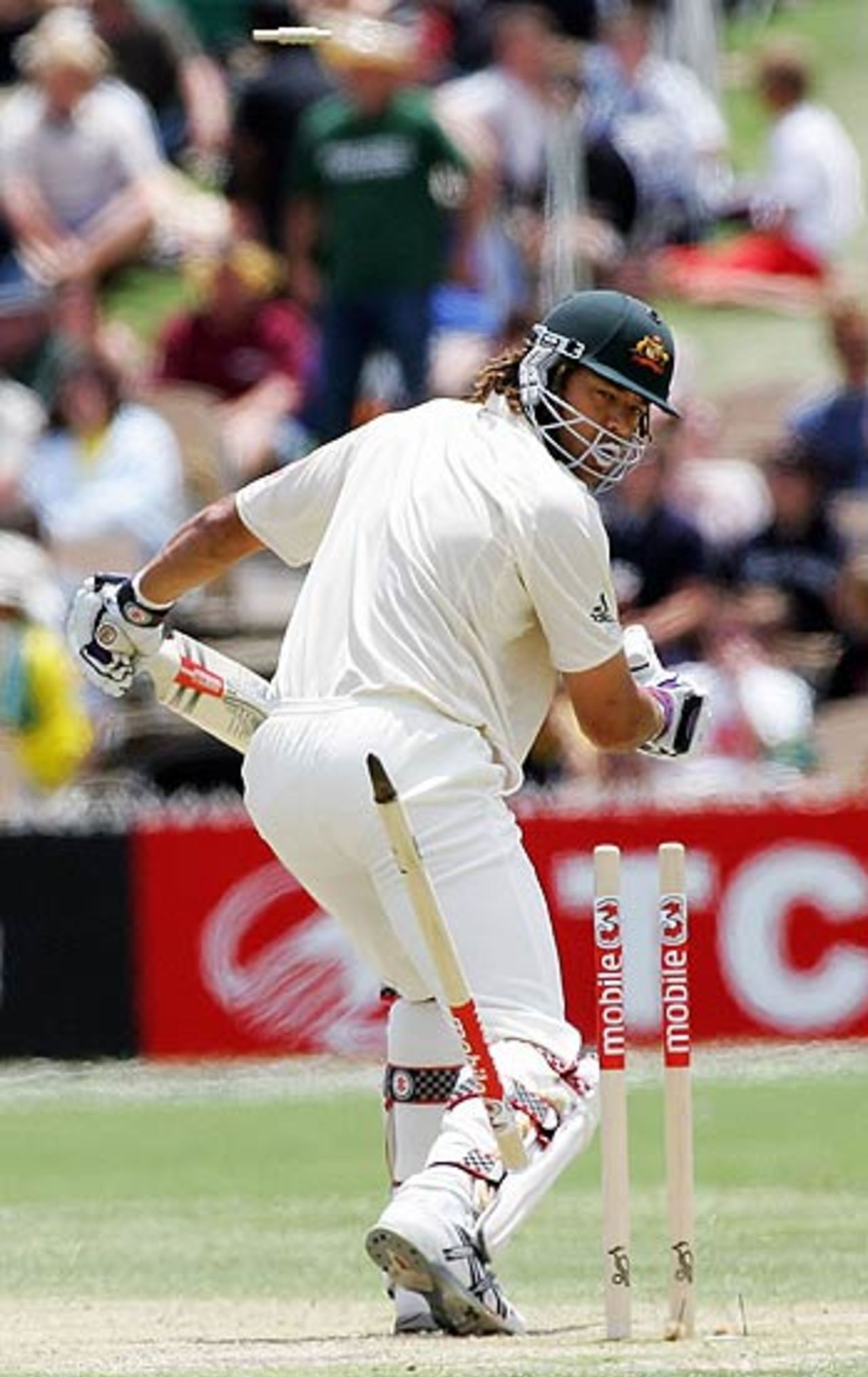 Andrew Symonds is bowled by Dwayne Bravo, Australia v West Indies, 3rd Test, Adelaide, 3rd day, November 27, 2005