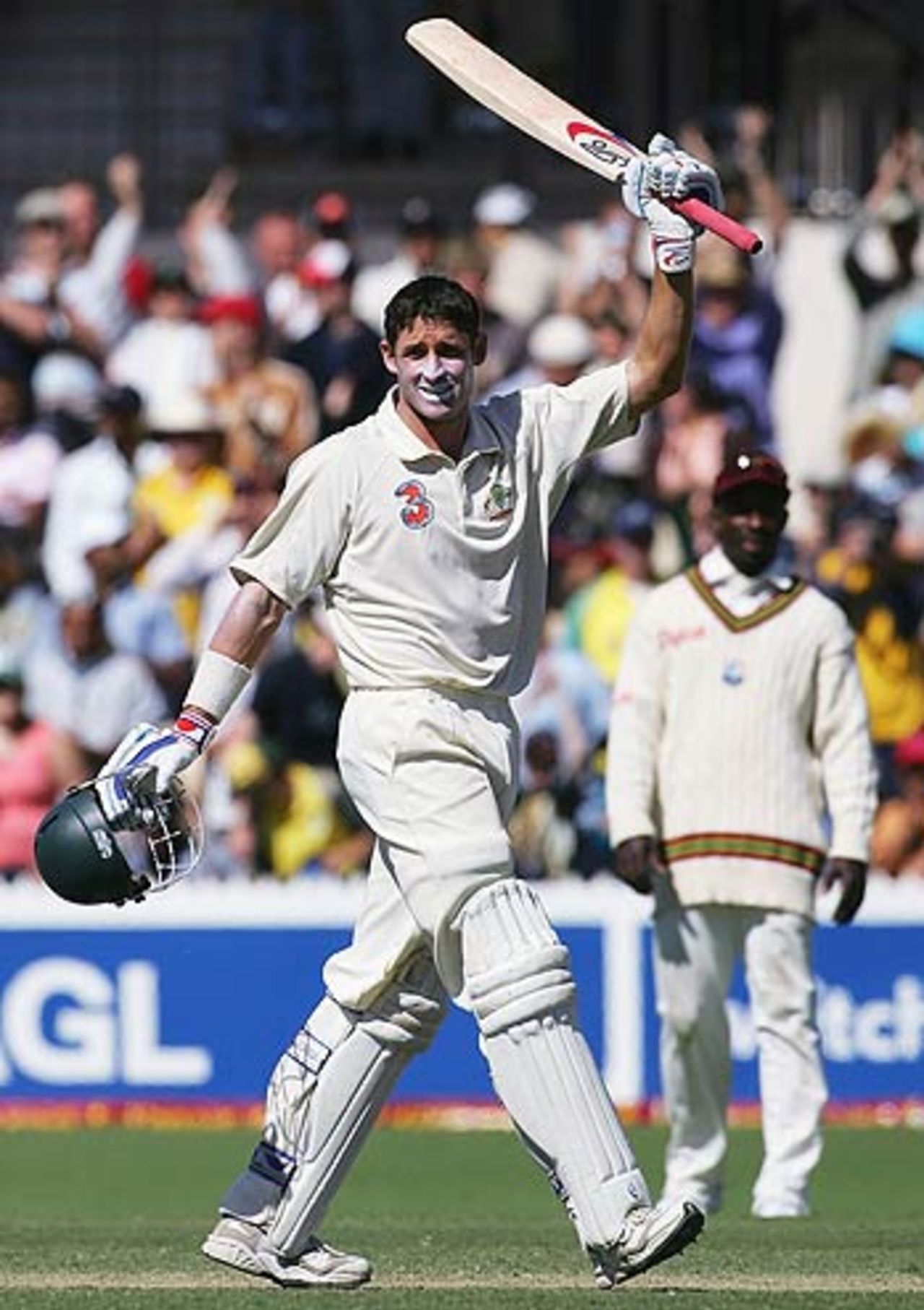 Michael Hussey celebrates his second Test century, Australia v West Indies, 3rd Test, Adelaide, 3rd day, November 27, 2005